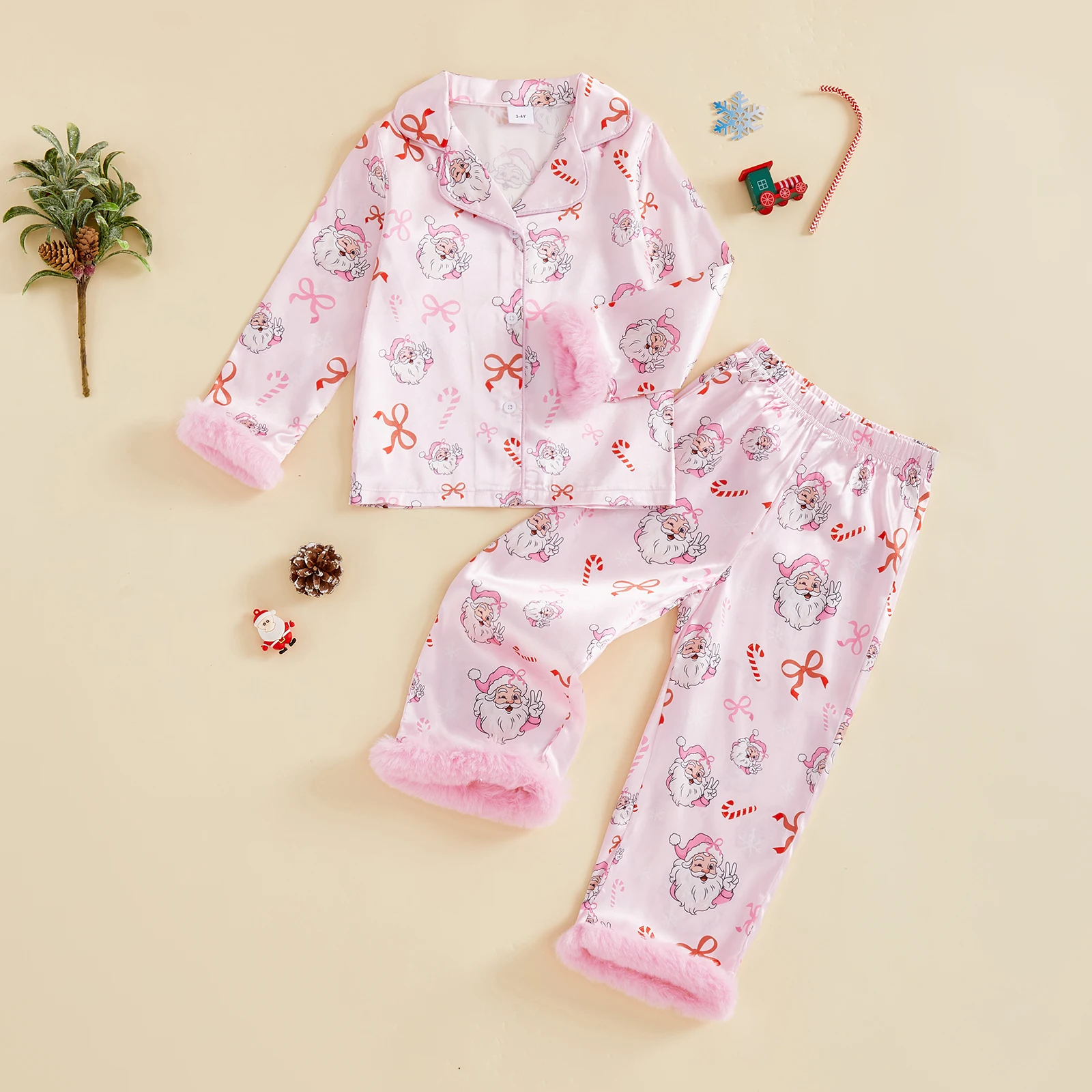 

Kids Girls Christmas Pajamas Set Long Sleeve Cookie/Tree Print Fur Cuffs Tops and Pants Set Satin Two Pieces Sleepwear