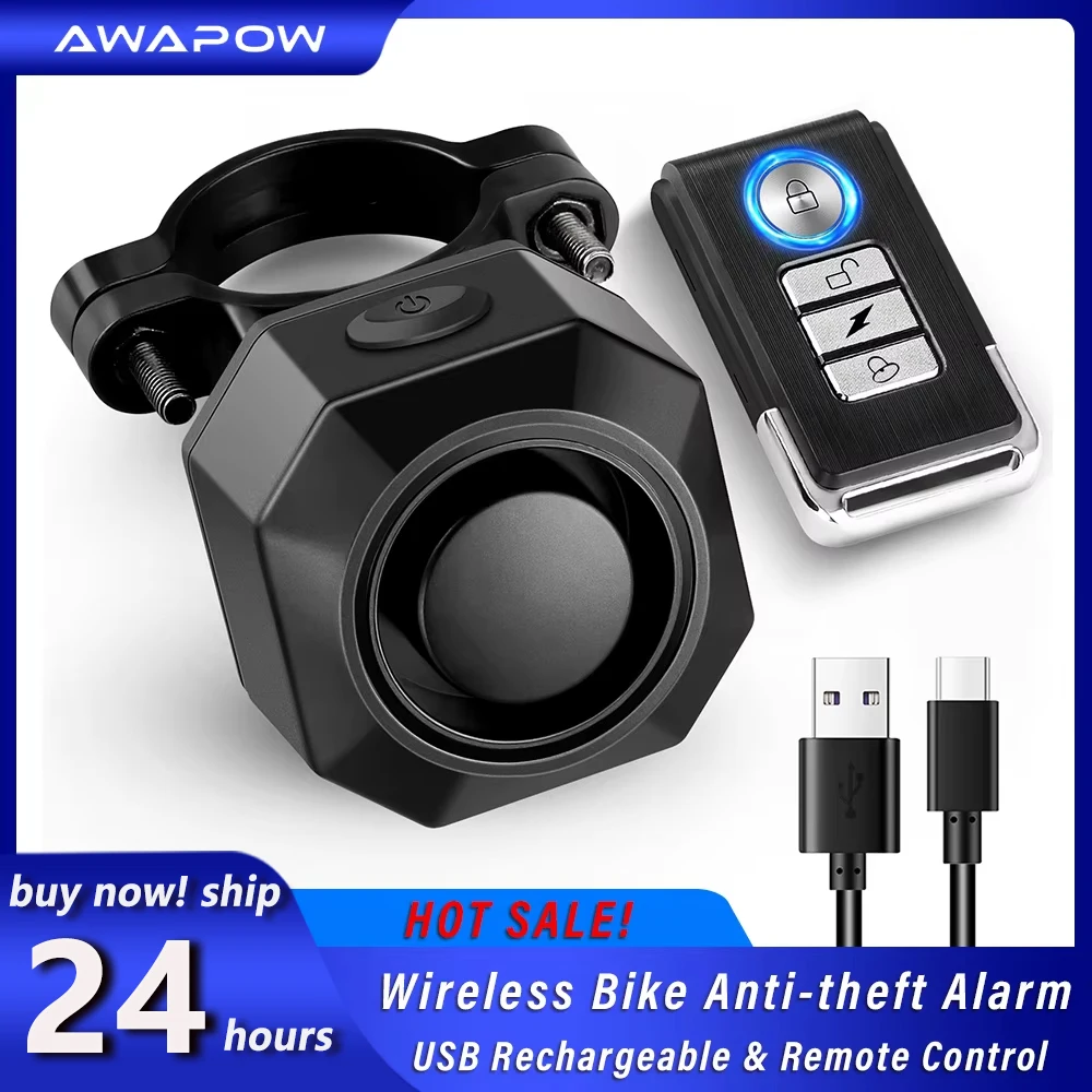 Awapow Wireless Bicycle Alarm USB Charging Motorcycle Bike Alarm Remote Control Anti-theft Bike Vibration Detector Alarm System