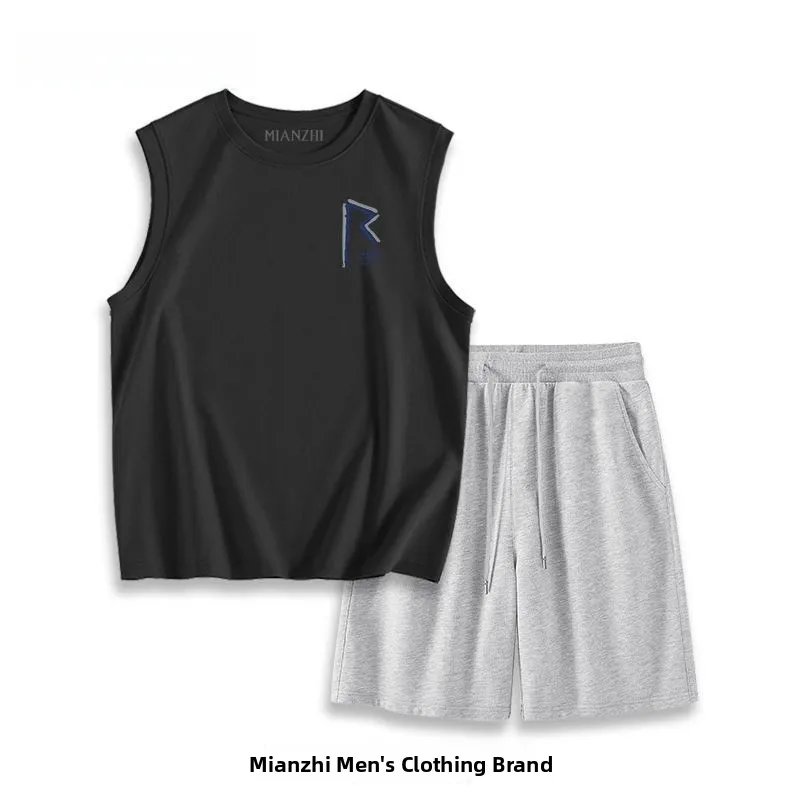 

Хлопковый модный мужской повседневный комплект спортивной одежды для бега, жилет на шнуровке, летняя одежда «пять четвертей»