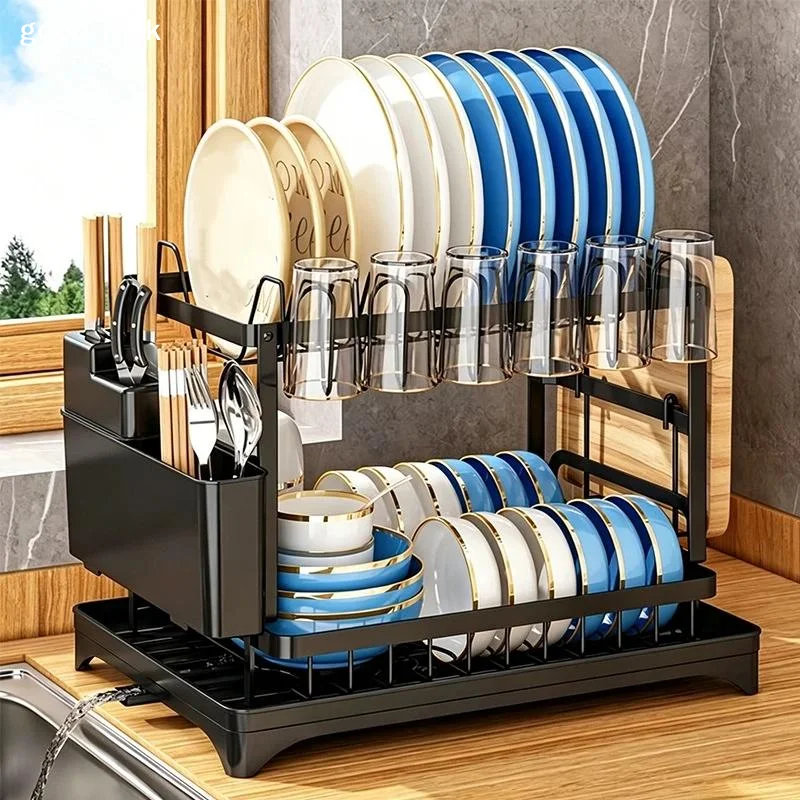 answer2-tier-metal-dish-drying-rack-with-utensil-cup-holder-and-drainboard-for-kitchen-countertop-storage-organization