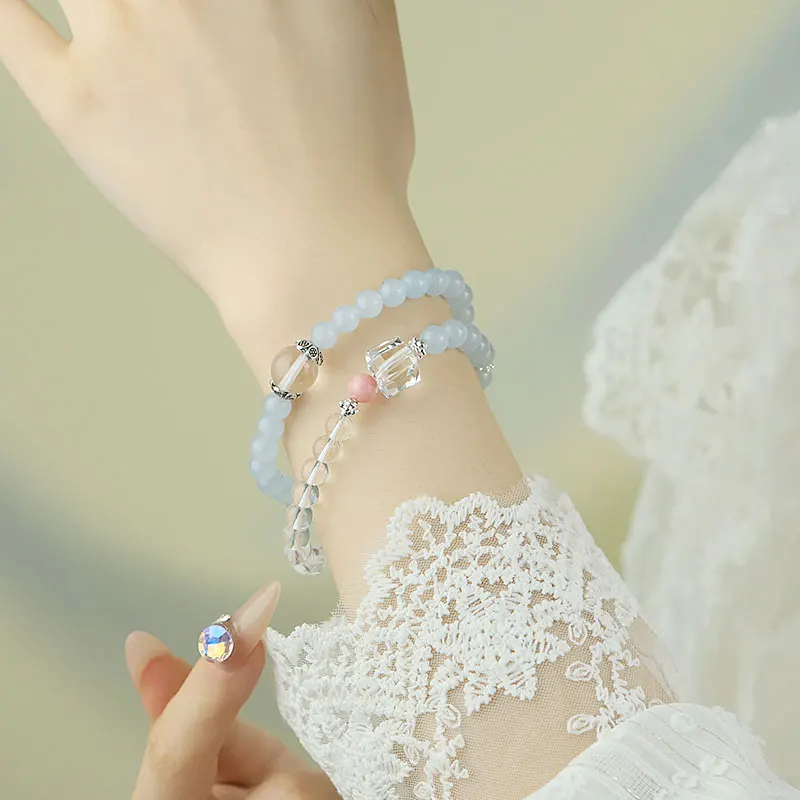 روز كوارتز البحر الأزرق دائرة مزدوجة سوار اليدوية مطاطا سوار مجوهرات هدية للنساء GB1331 #6