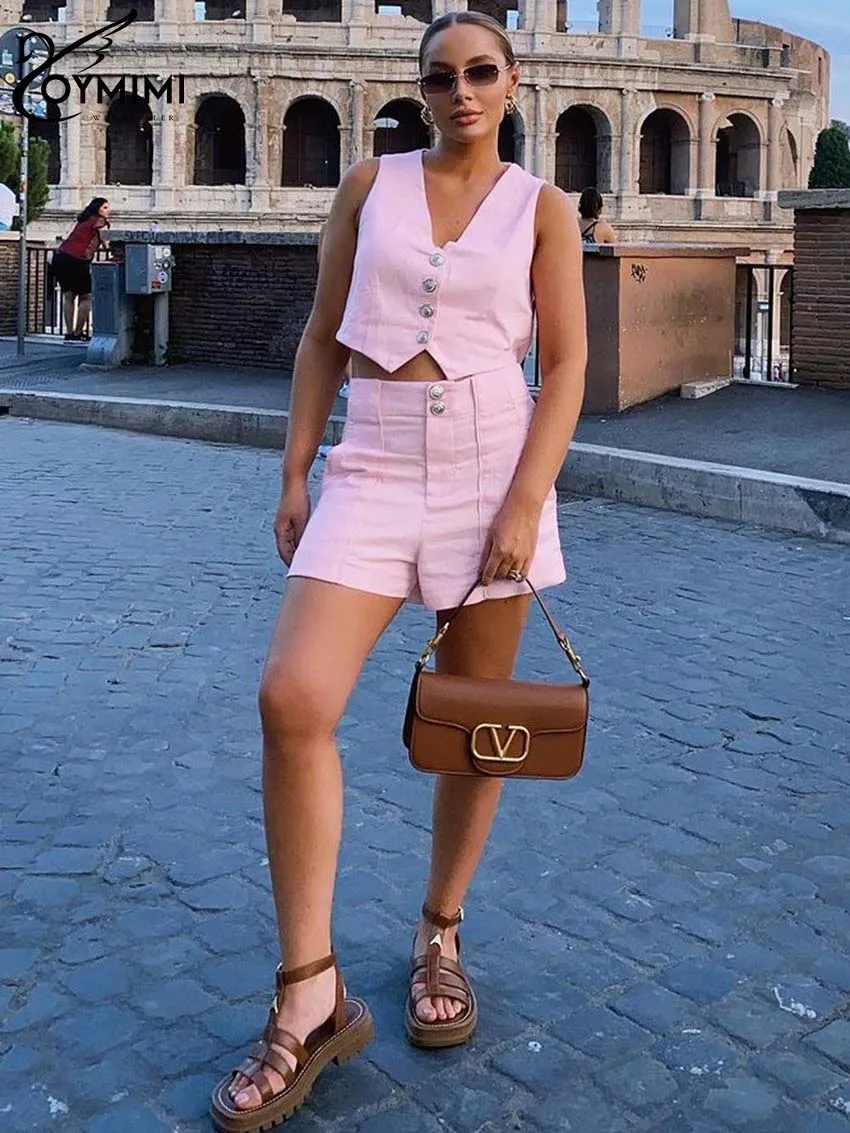Oymimi Casual White Women 2 Piece Set Outfit Fashion V-Neck Sleeveless Button Crop Tops And High Waist Pockets Shorts Female Set
