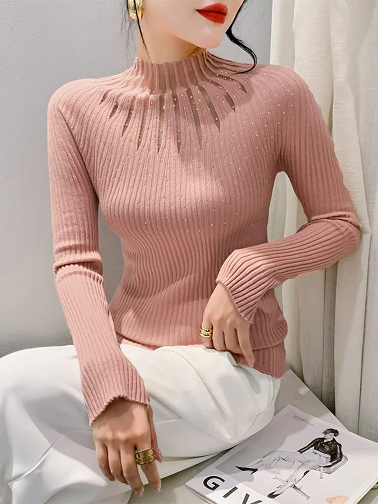 Winsleter Streetwear Sweaters Long Sleeve Pullovers Women Sexy Mock Neck Shiny Pearls Slim Knit Top Spring Fall T39824JM