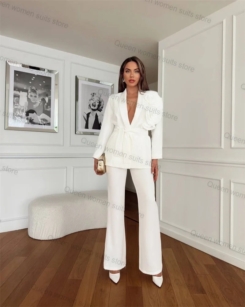 White Women Suit Pants Set 2 Piece Blazer+Trousers 3D Flower Autumn Formal Office Lady Jacket Coat Wedding Tuxedos Custom Made