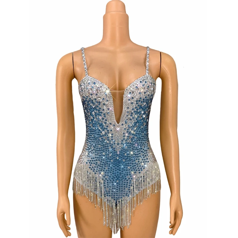 Costume de chanteuse de fête en tricot pour femme, costume de batterie à franges, tenue de scène, bleu, argent, biscuits, boîte de nuit, DJ, festival, DS, XS8898