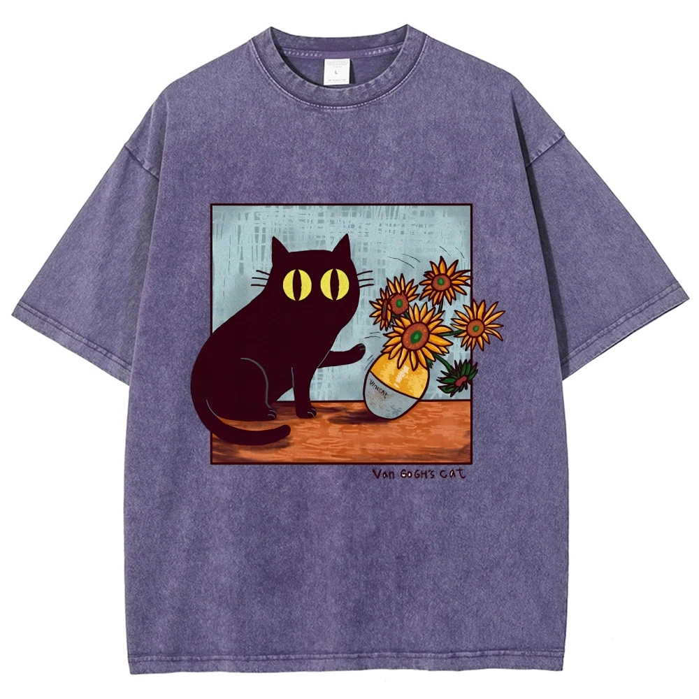 Cartoon Kitten Chrysanthemum Vase Print T-Shirt Round Neck Washed Shoulder Designer 2025 New Trendy Fashion Short Sleeves image 4