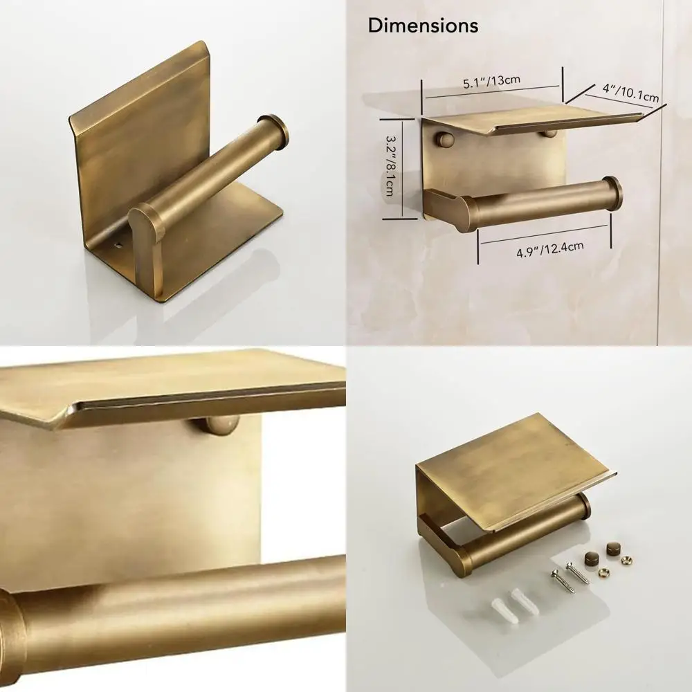 Wall-Mounted Brushed Gold Toilet Paper Stand with Built-in Smartphone Holder