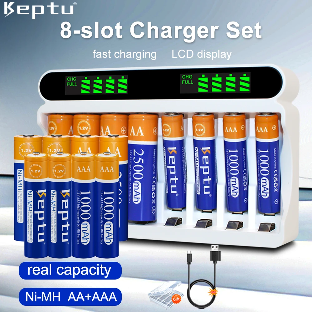 

KEPTU 2500MAH AA Rechargebale Battery + AAA 1000MAH 1.2V NI-MH AAA/AA Rechargeable batteries and 8 Slots Fast AA/AAA Charger