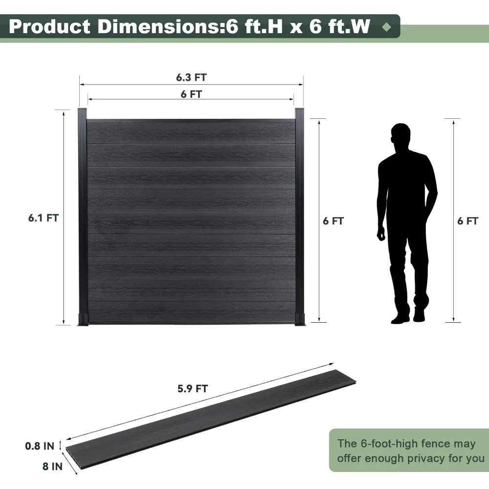 Privacy Fence Panels for Outside,6ft(W) X 6ft(H) Privacy Panels with 1 Post,Wind Resistant Wood Plastic Composite Fencing Panels