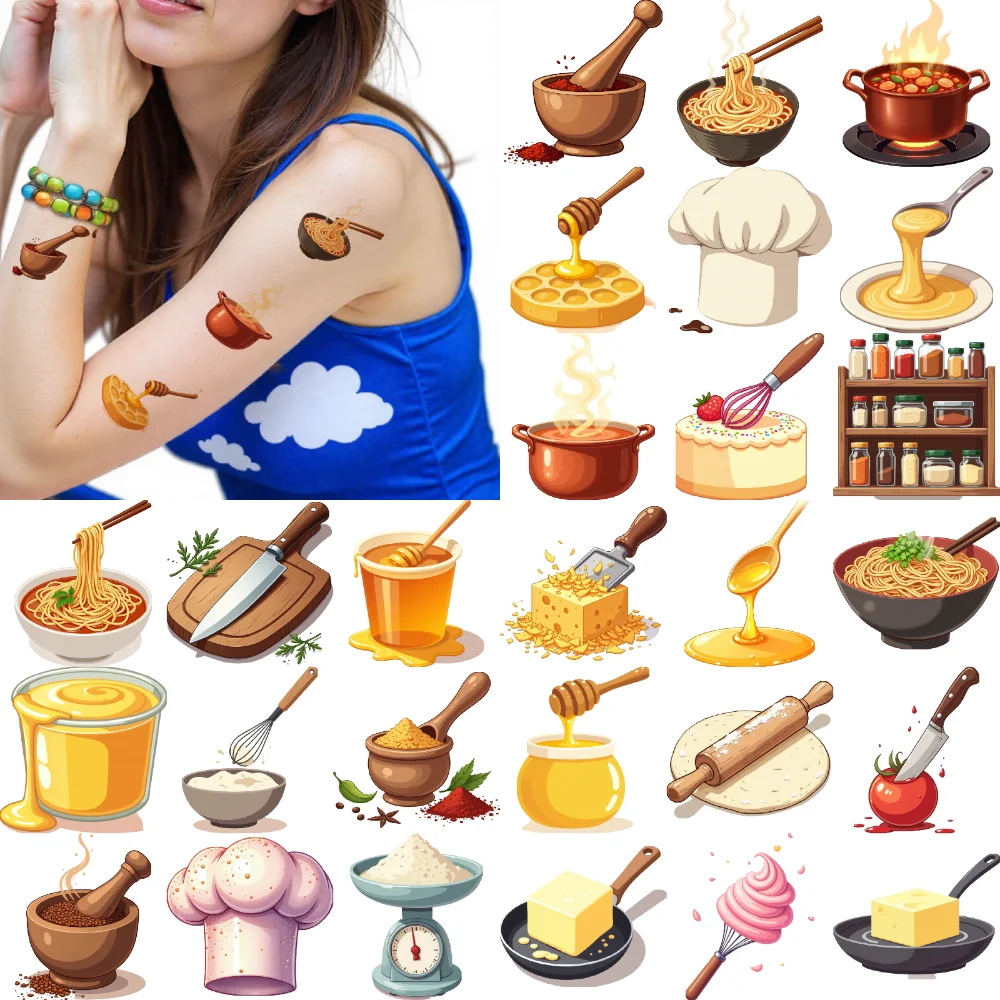 

28 шт., временные татуировки, пищевые ингредиенты, мультяшная кухонная утварь, временные татуировки-наклейки для детей, плечи, рук