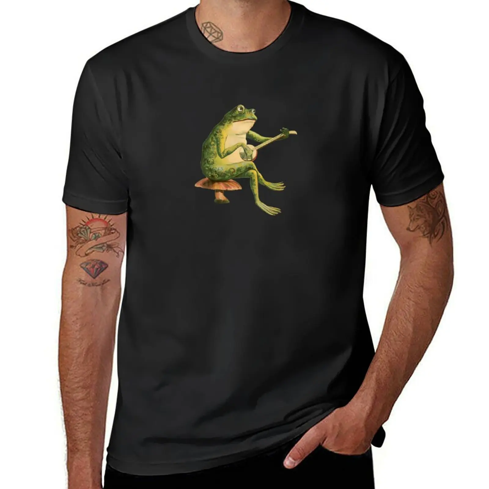 Melancholic Vintage Frog Playing Banjo on Mushroom Toadstool - Cottagecore Toad Banjo Player - Goblincore Animal Play Gu T-Shirt