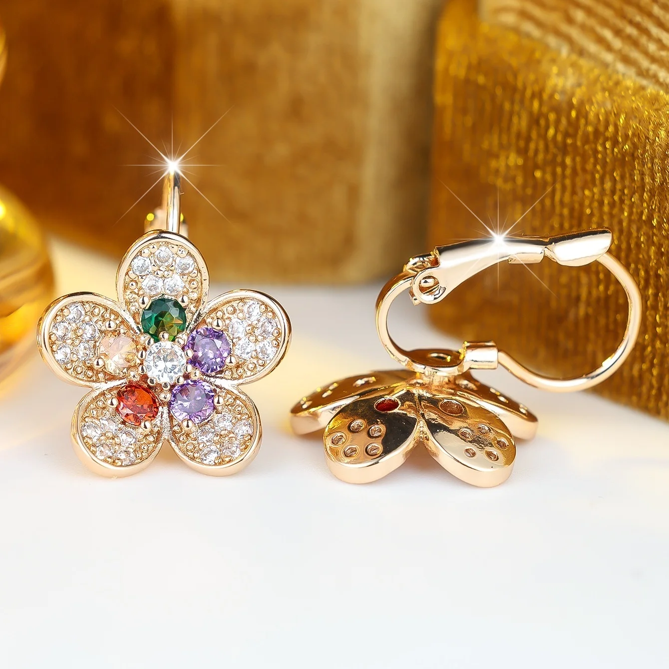 Elegant Female Small Rainbow Zircon Stone Flower Hoop Earrings Trendy Fashion Gold Color Wedding Jewelry For Women
