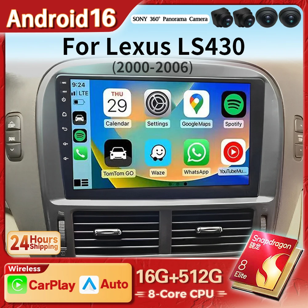 Android 16 Carplay Auto 2K Screen Car Radio BT Multimedia Player For Lexus LS430 XF30 LS 430 2000 - 2006 Autoradio DSP Qualcomm