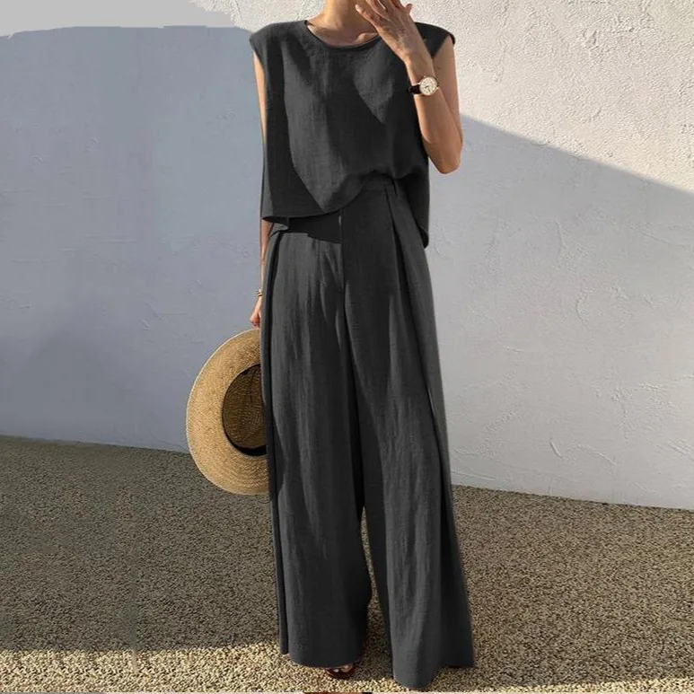 2024 Spring Summer Solid Color Cotton Linen Two Piece Set Women Fashion Sleeveless Tops Loose Wide Legs Pants Ladies Sets New