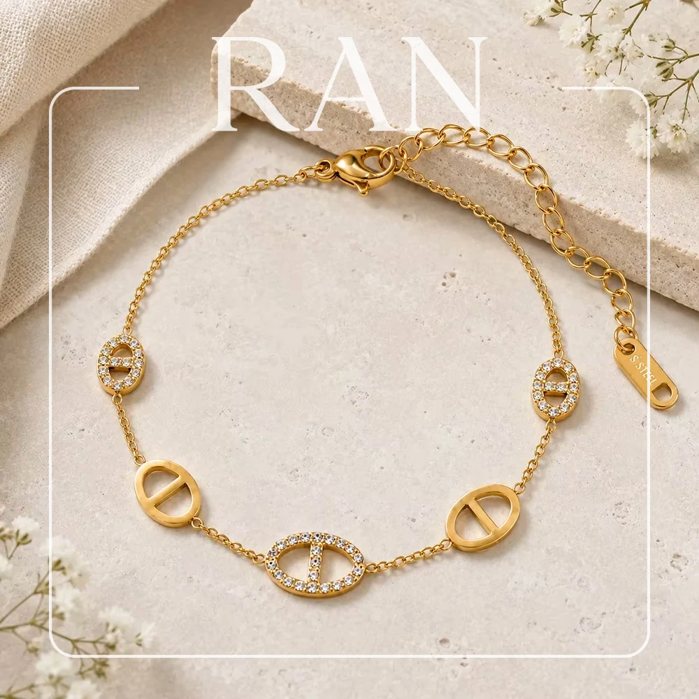 Stainless Steel Inlaid Zircon Pig Nose Bracelet for Women 18K Gold Plated Mariner Link Chain Bracelets Statement Daily Jewelry