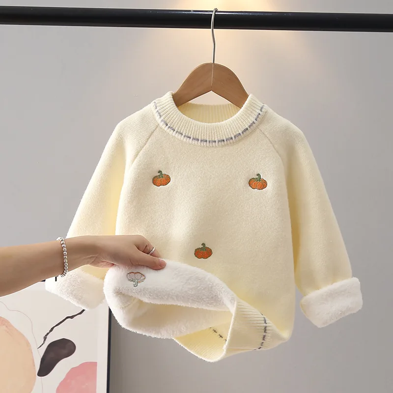 New Cute Pumpkin Embroidery Knit Pullover for Kids Girl Keep Warm Velvet Children Sweaters Student Skin-friendly Clothes JY10142