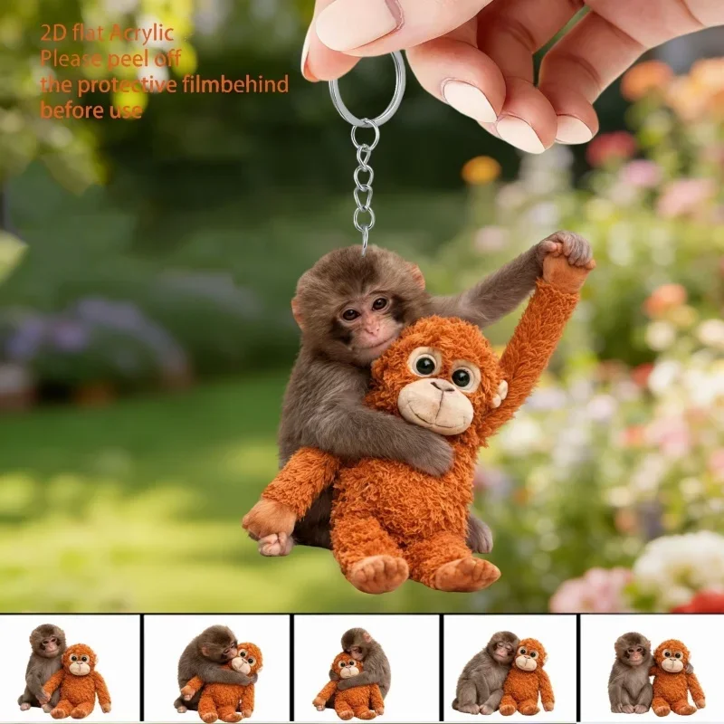 Punch The Monkey Doll Pendant 2D Flat Acrylic Cartoon Cute Monkey Keychain Red Orangutan Hanging Accessories Bag Decoration Gift