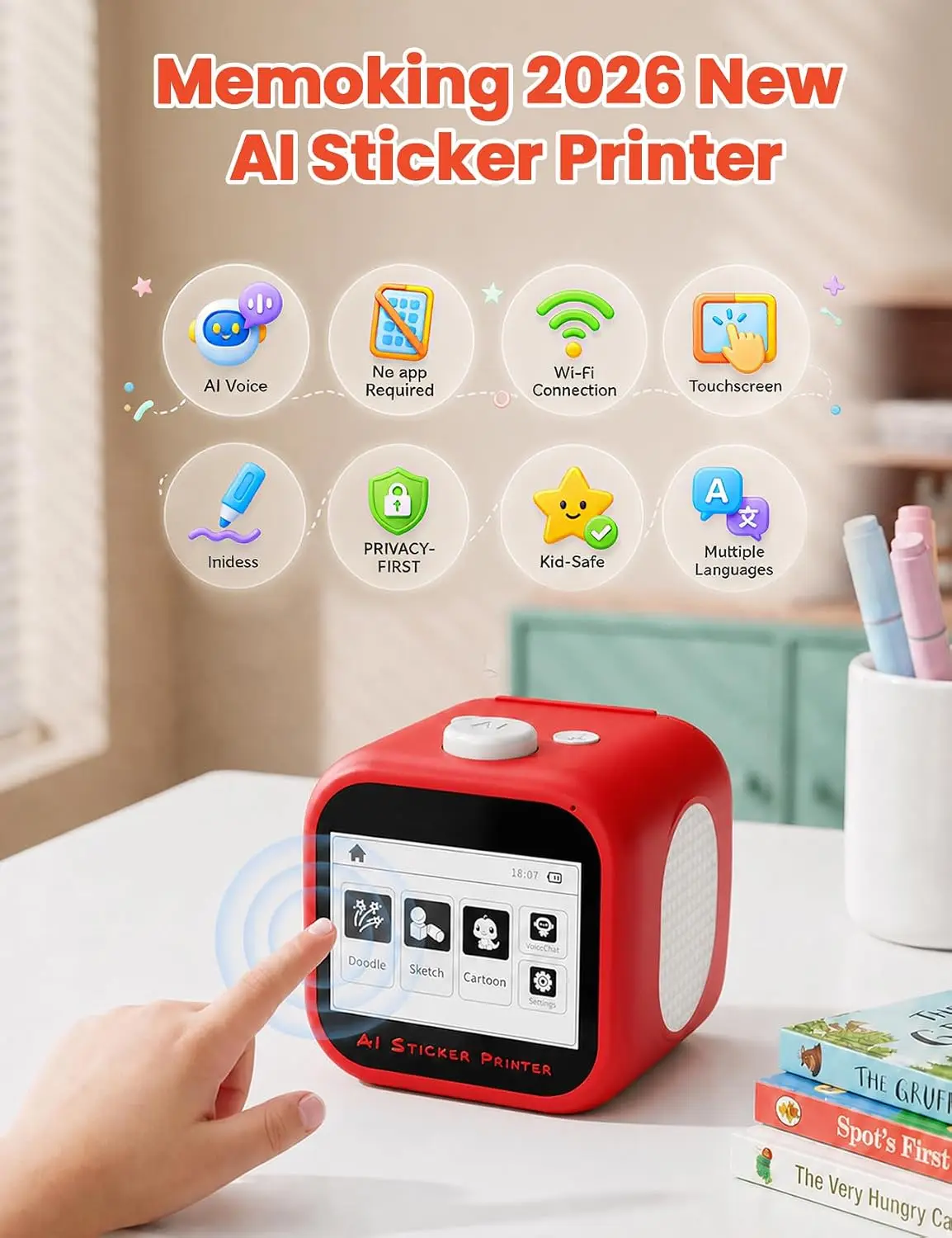 AI Sticker Maker for Kids, Voice‑to‑Sticker Printer Box with Touchscreen No App Required, AI Sticker Printer Box Direct WiFi