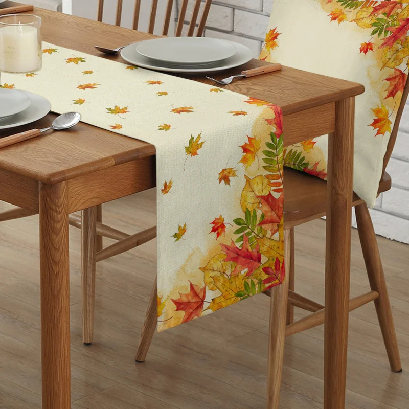 Autumn Table Runner Orange Watercolor Maple Leaf Retro Tablecloth Wedding Decor Holiday Dining Coffee Table Decor Placemat