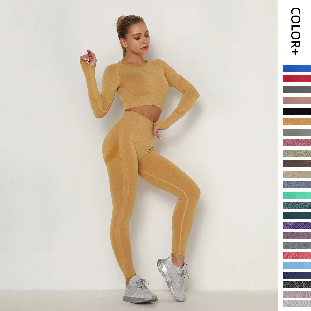 

Wrinkled seamless yoga suit for women with high waisted peach tight fitting sports long sleeved fitness yoga pants