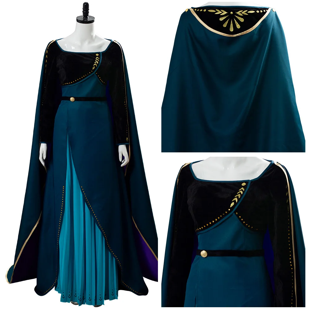 Anna Cosplay Coronation Queen Dress Costume Dark Green Dress Long Ball Gown Cape Outfits Cartoon Movie Ice Women Halloween Suit