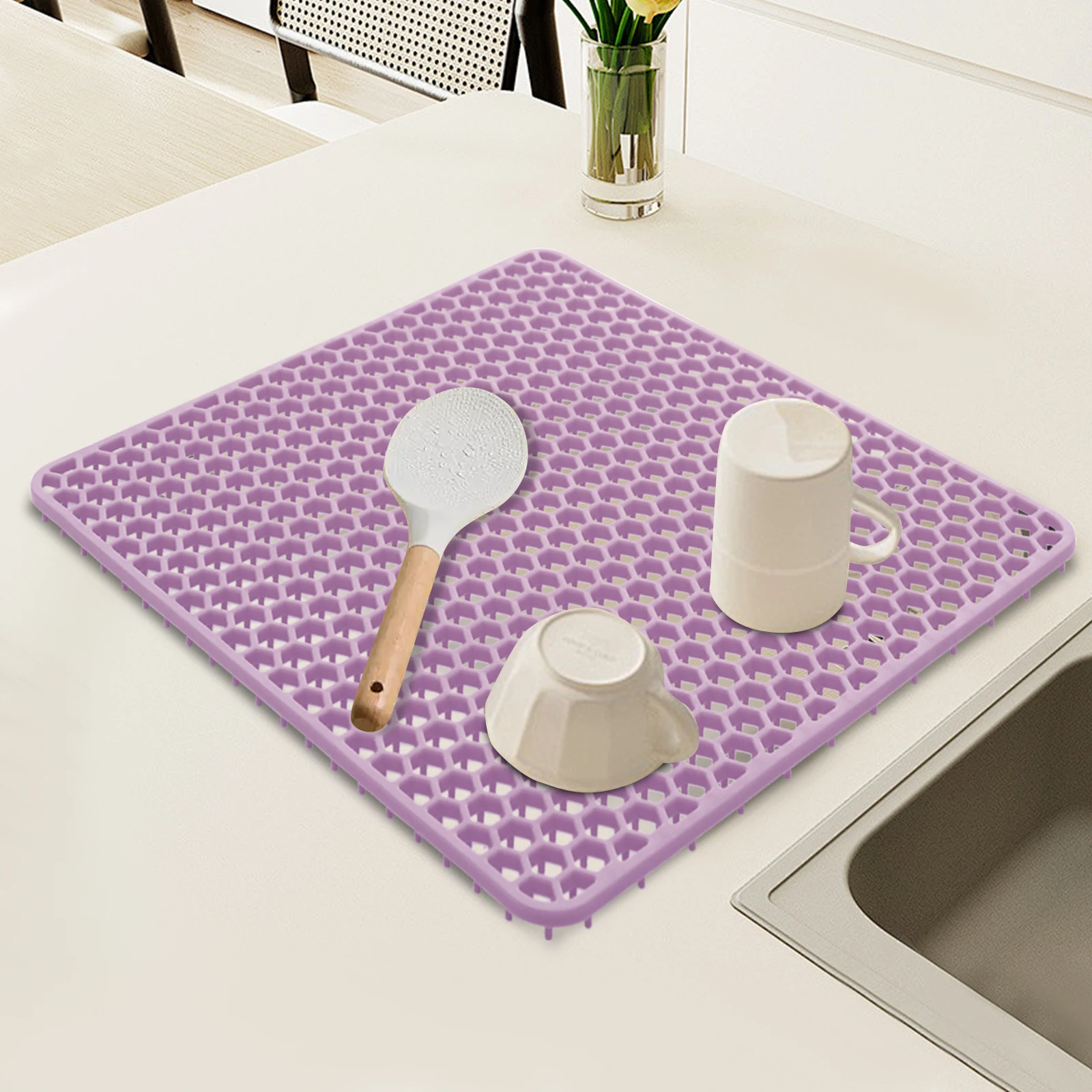 Premium-Silikon-Spülbecken-Schutzmatte 13,6x13,6 Zoll, hitzebeständig bis 220 Grad. ° C Rutschfeste, zuschneidbare Küchen-Abtropfmatte mit Wabenstruktur zum Trocknen auf der Spülbeckenablage (Lila) – Detail 1