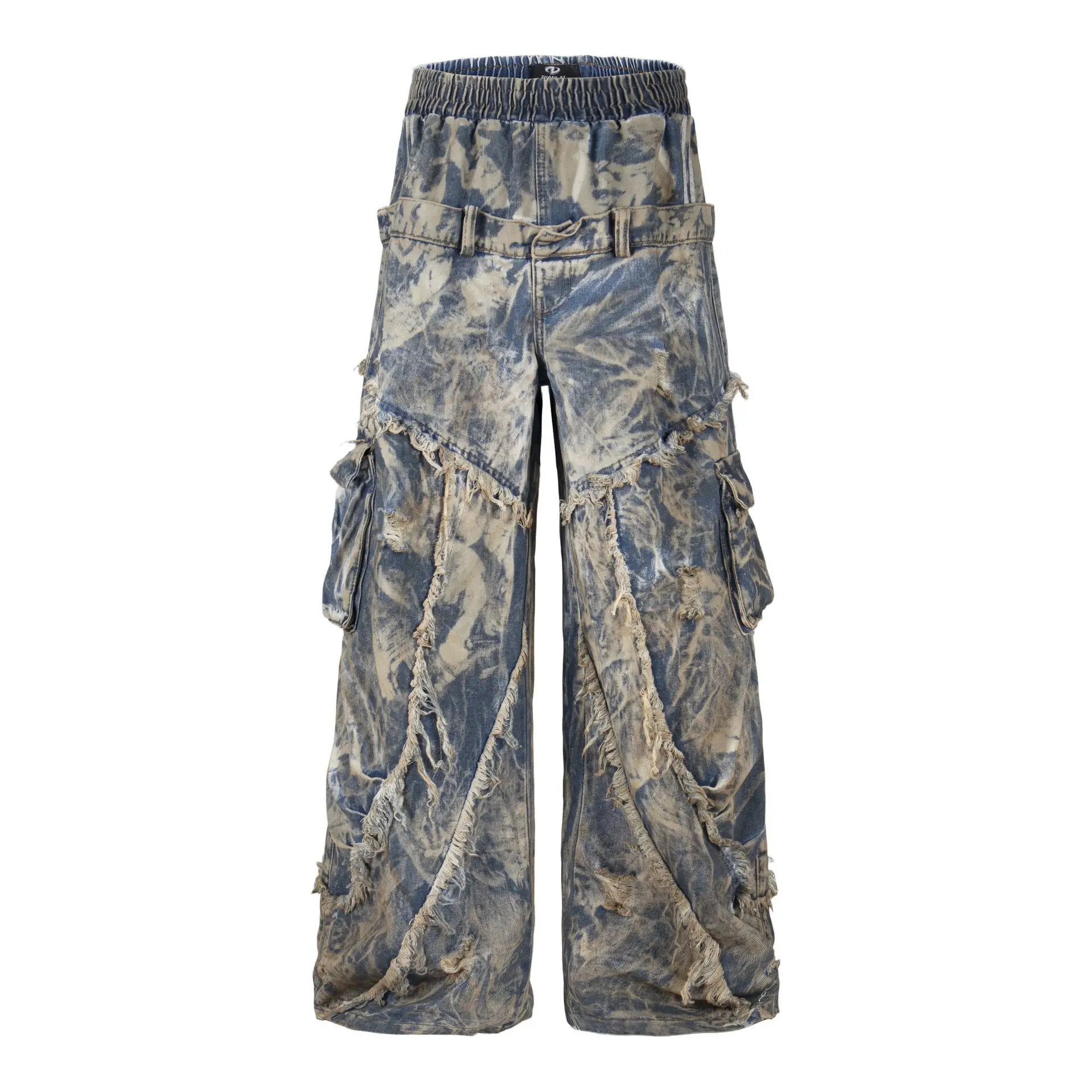 Men's Fashion High Street Vibe Stytle Jeans Pants Streetwear Loose Fit Y2K Denim Trousers With Pockets Double Waist Tie Dye Jean