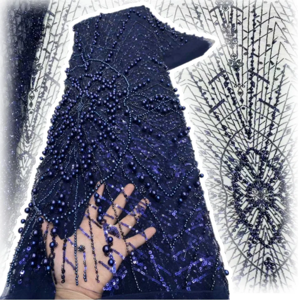 

Luxury African Lace Fabric 5 Yards Velvet Lace Beaded Tulle Lace Fabric Embroidered Nigerian Fabric for Wedding Dress Sew AH1658