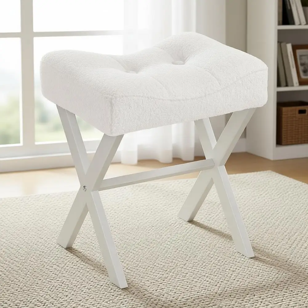 18-Inch Metal X-Leg Vanity Stool, White Ottoman Accent Chair with Breathable Boucle Fabric Seat