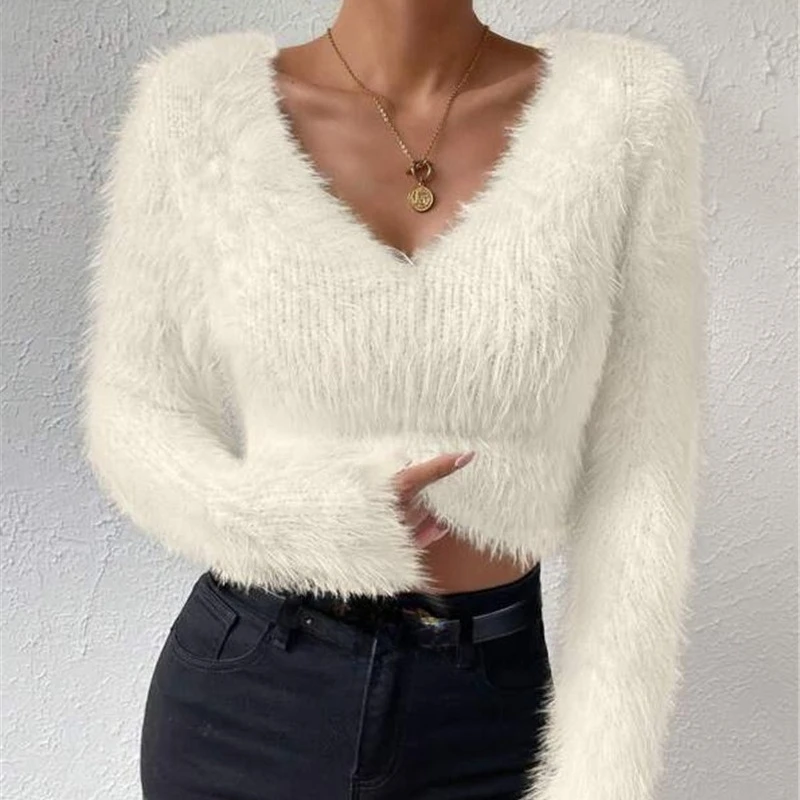 

Women's Sexy V Neck Long Sleeve Slim Sweater Korean Style Solid Color Cropped Top Fall/Spring Casual Knitted Pullover