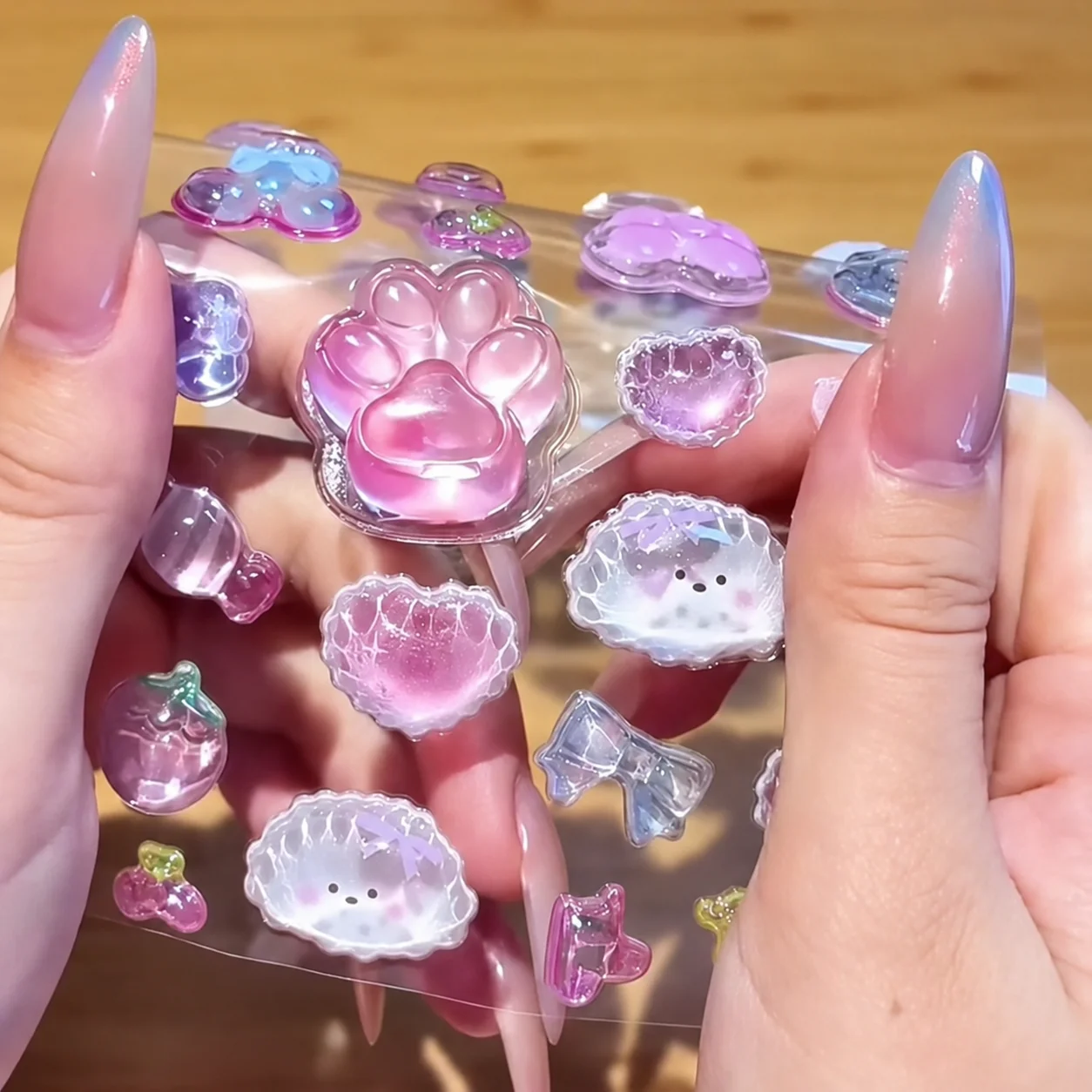 Kawaii 3D Crystal Cat Paw Squeeze Pinch Embossed Sticker Relieve Stress Cute DIY Phone Case Water Bottle Decor School Stationery