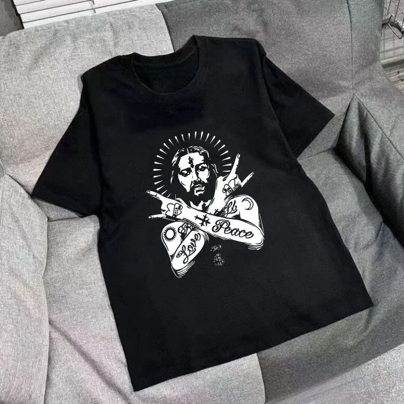 T Shirt Love Peace Letter Print Rock Saint Portrait Crossed Hands Vintage Y2K Streetwear Short Sleeve Tee Unisex Men Women