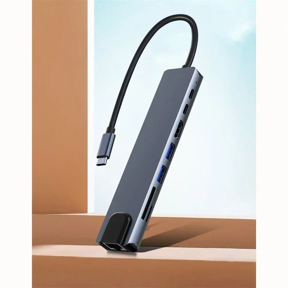 8in1 نوع C Hub USB C 8 في 1 USB3.1 إلى 4K HDMI محول متوافق مع RJ45 SD/TF قارئ بطاقات PD شحن سريع للكمبيوتر المحمول