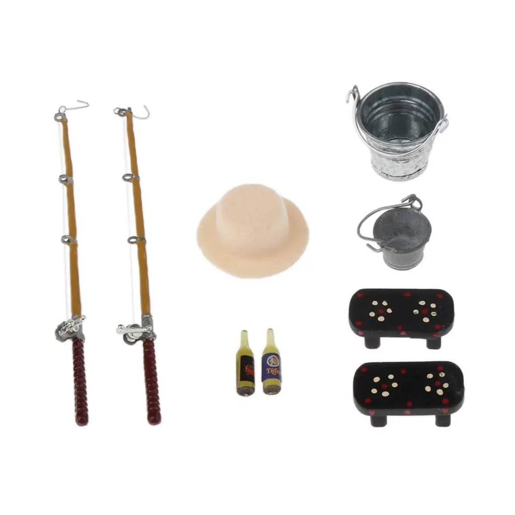 12th Dollhouse Miniature Accessories 9pcs Metal Fishing Tool Set Mini Objects for Miniature House Decoration