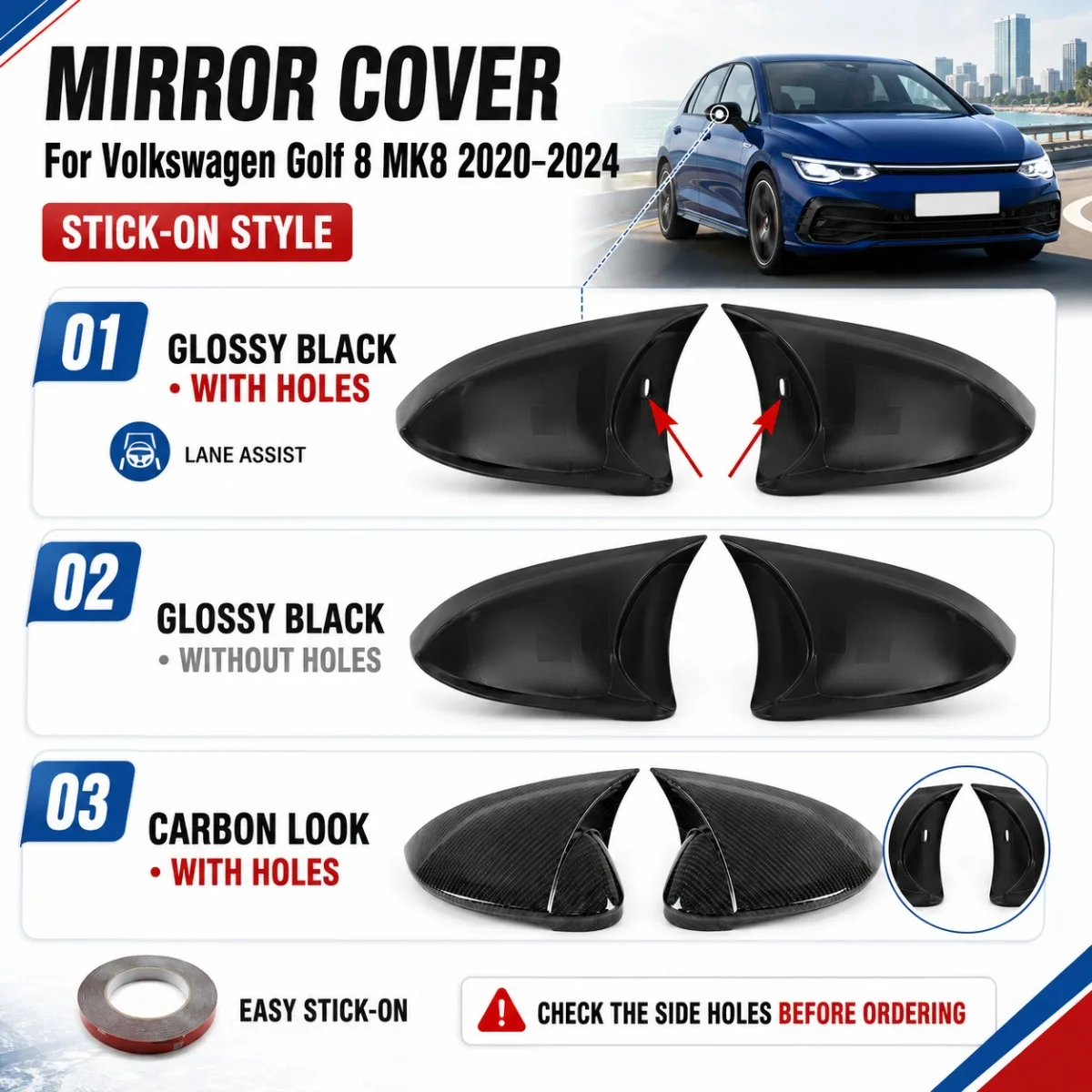Glossy Black/Carbon Look Add-on Side Wing Rearview Mirror Cover Cap For Volkswagen VW Golf 8 MK8 VIII 8R R GTI GTE GTD 2020-2024