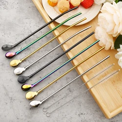 4/8Pcs 304 Stainless Steel Straw Spoon Set Mixing Stirring Straw Reusable Metal Straw with Brush for Smoothie Drinking Accessory