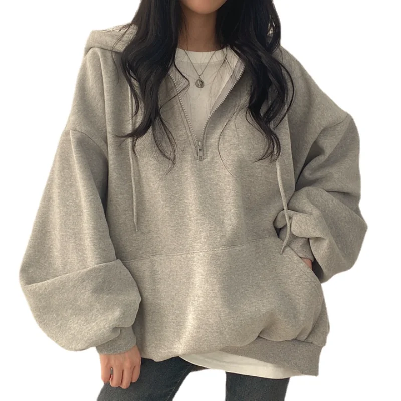 Female Casual Long Sleeve Pocket thicken Hooded Coats Hoodie Harajuku Loose Oversized Autumn Top Half Zip Up Women Sweatshirt