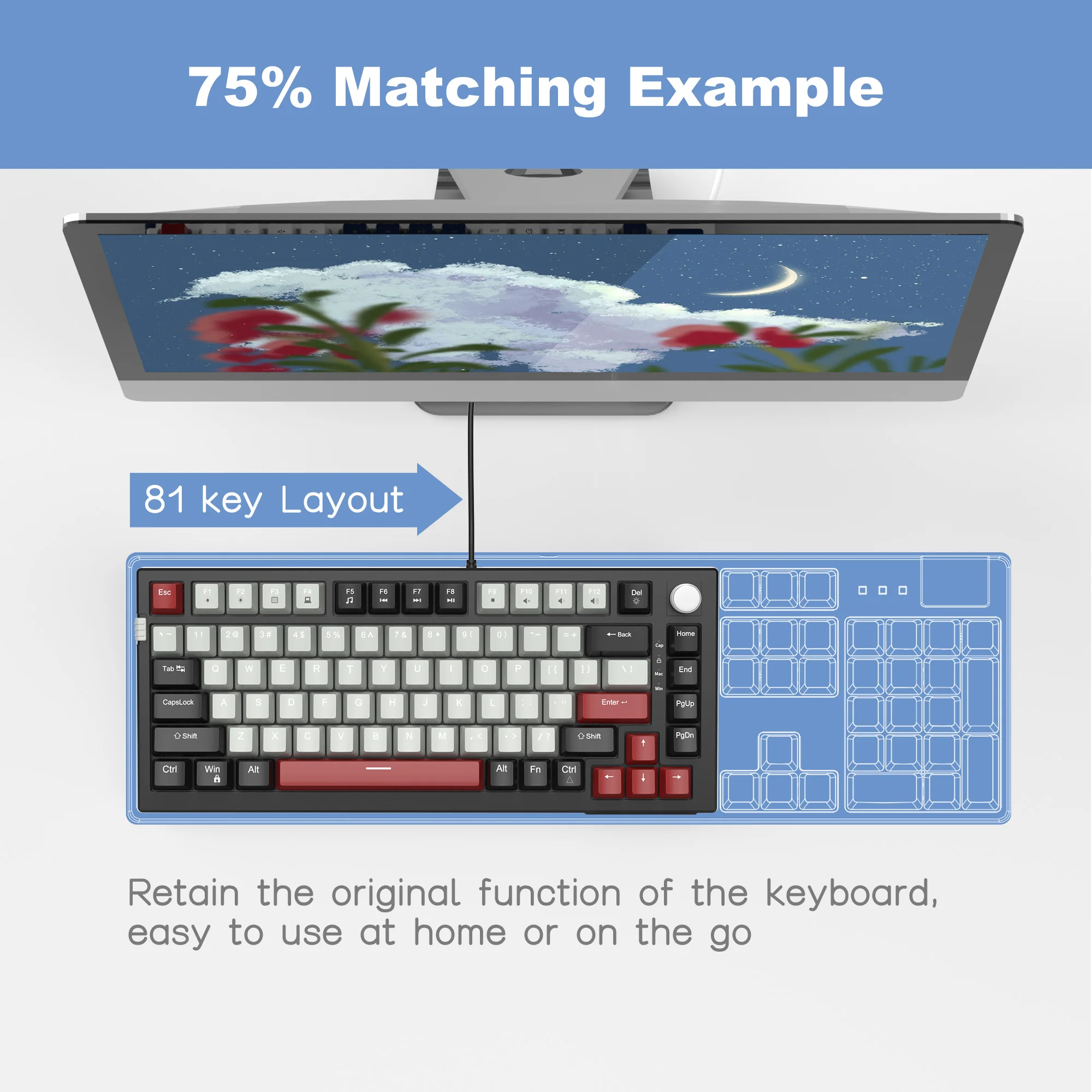 MageGee SKY 81 gaming keyboard，Wired backlit Mechanical keyboard，81 keys Hot swappable keyboard，Three-color assembled mechanical