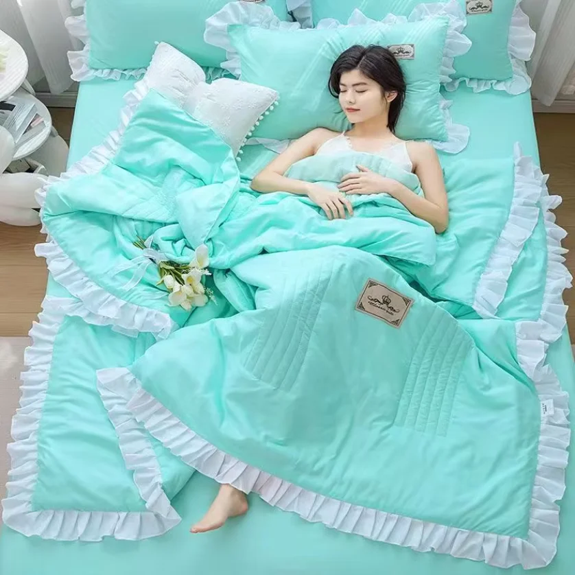 Korean Princess Ruffle Embroidery Bedding 4‑Pcs Set Soft Summer Air‑conditioning Quilt Bed Sheet 2 Pillowcases Home Bed Decor