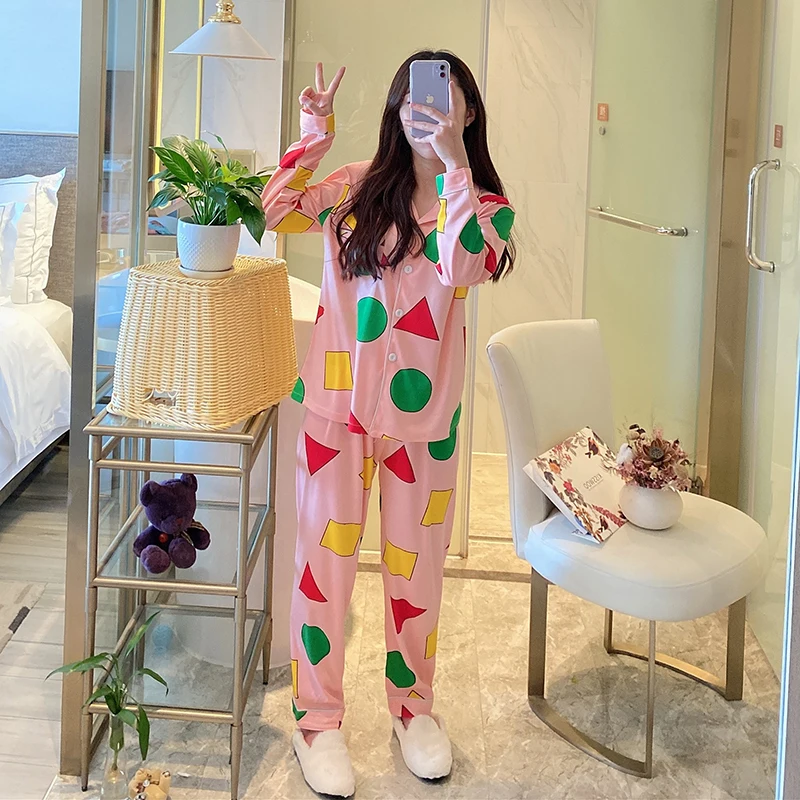 2PCS/Set Men and Women Spring Fall Couples Cute Cartoon Long-Sleeved Plus Size Homewear Green Geometric Patterns School Pajamas