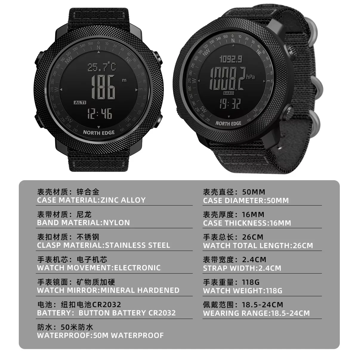 NORTH EDGE APACHE Men Tactical Wristwatch Outdoor Sports Watch Altimeter Barometer Compass Waterproof for Hiking Running Swimmin