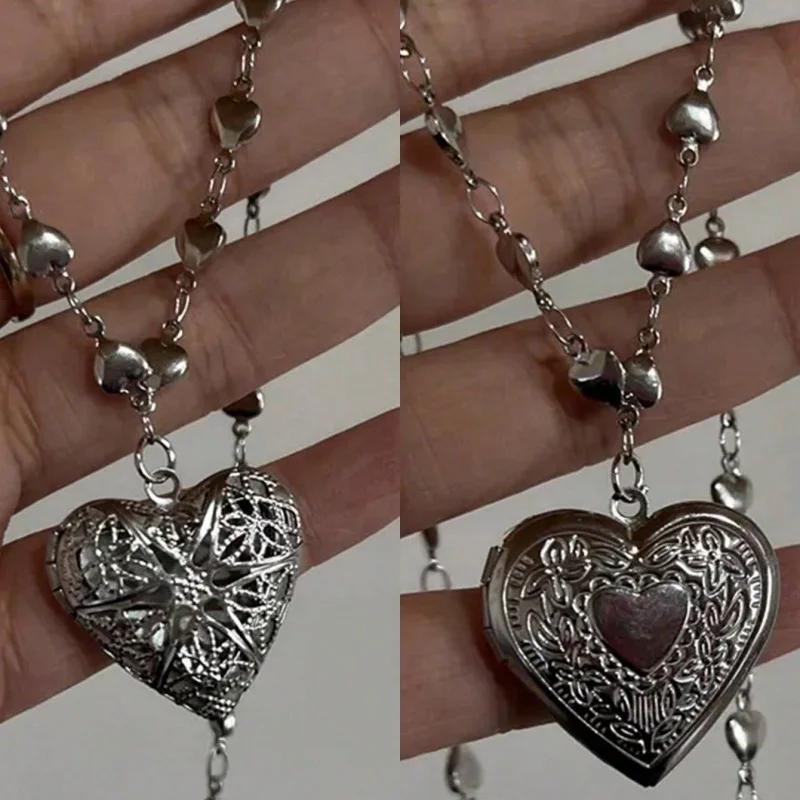 2 pieces of Y2K heart-shaped necklace set with hollow star embossed rose photo pendant and silver heart-shaped bead chain jewelr