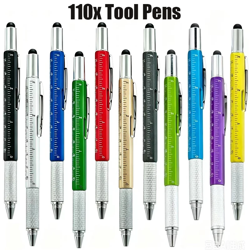 110Pcs 6-in-1 Plastic Multitool Pens Touch Stylus Pen with Ruler, Level, Screwdriver, Portable Pocket Tool