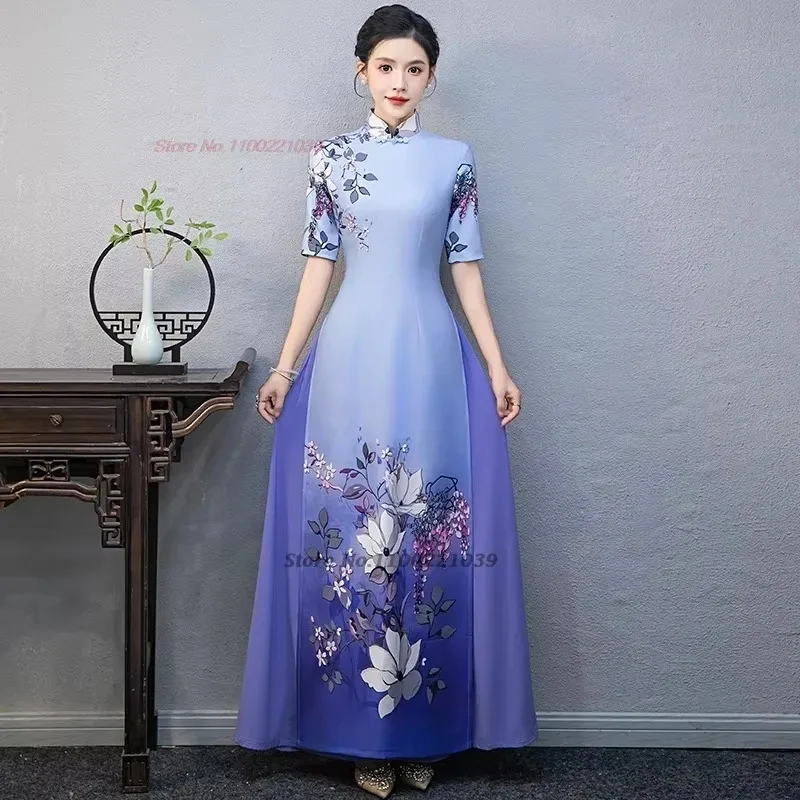 

2025 vietnam traditional dress ao dai national flower print improved cheongsam oriental stage qipao party banquet evening dress
