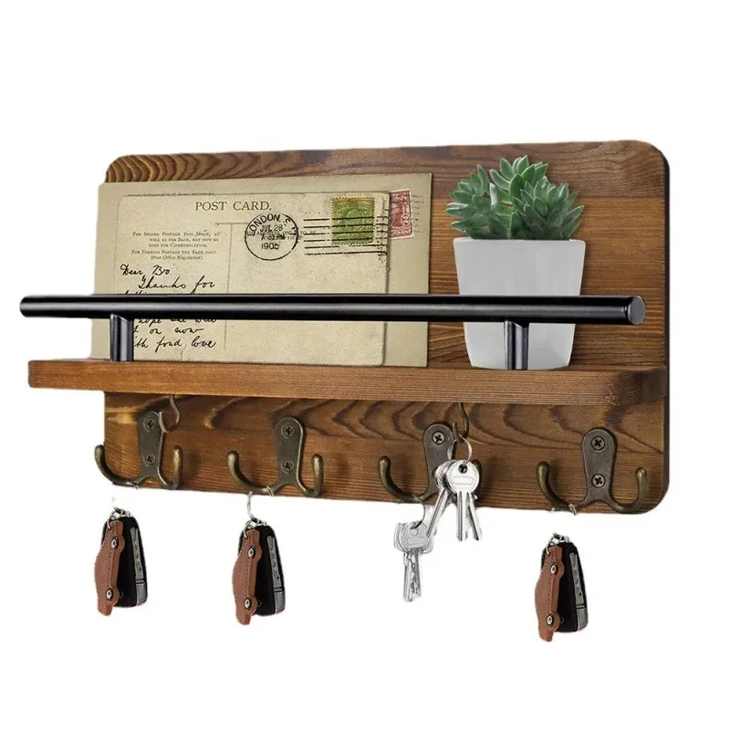 Retro Wooden Wall Hanging Key Holder With 5 Hooks Multifunctional Organizer Shelf Home Decor For Entryway Hallway