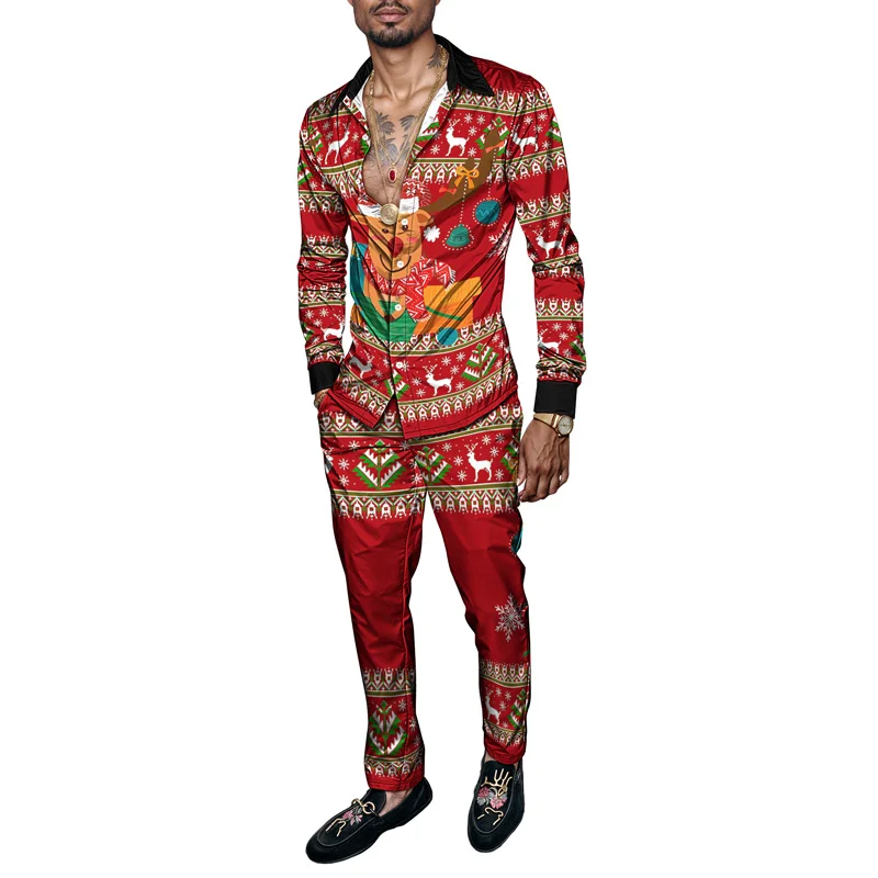 2025 أنيق الربيع الصيف الرجال قميص مجموعة عيد الميلاد طباعة موضة الزنجبيل رجل 2 قطعة مجموعة رجالي ثلج خفيفة الوزن الطرف
