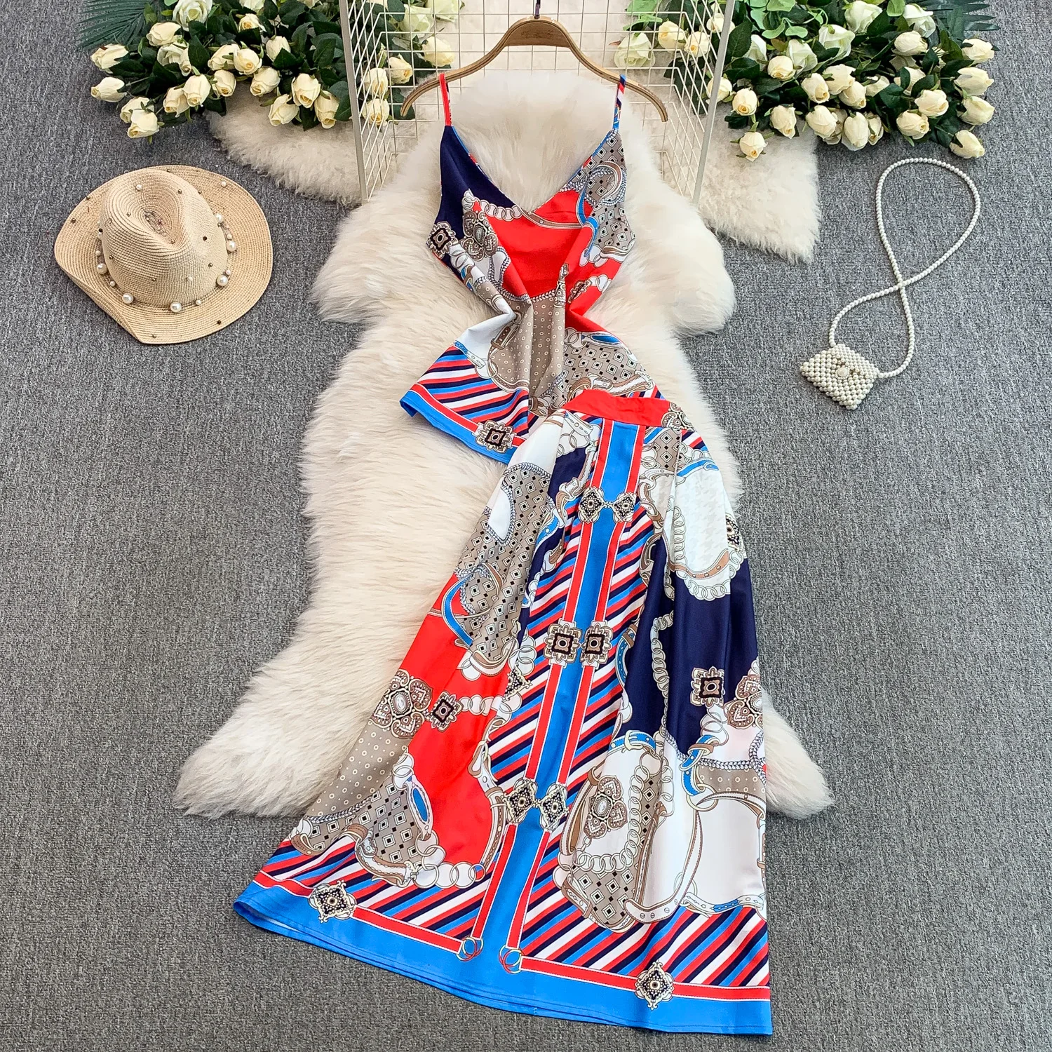 

Летняя юбка с принтом, комплект из двух предметов, топ на бретельках с v-образным вырезом, юбки трапециевидной формы на молнии, костюм, модные женские комплекты в американском стиле ретро