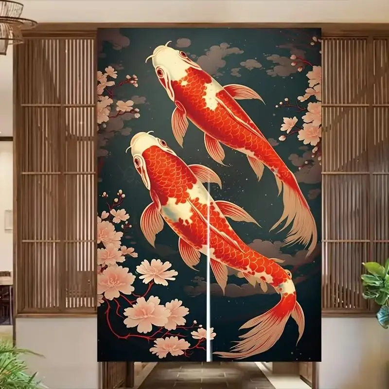 VIKAMA Japanese Koi Half Door Curtain, Ink-Washed Koi Cherry Blossom Noren Curtain, Privacy Divider Screen Entryway Home Decor