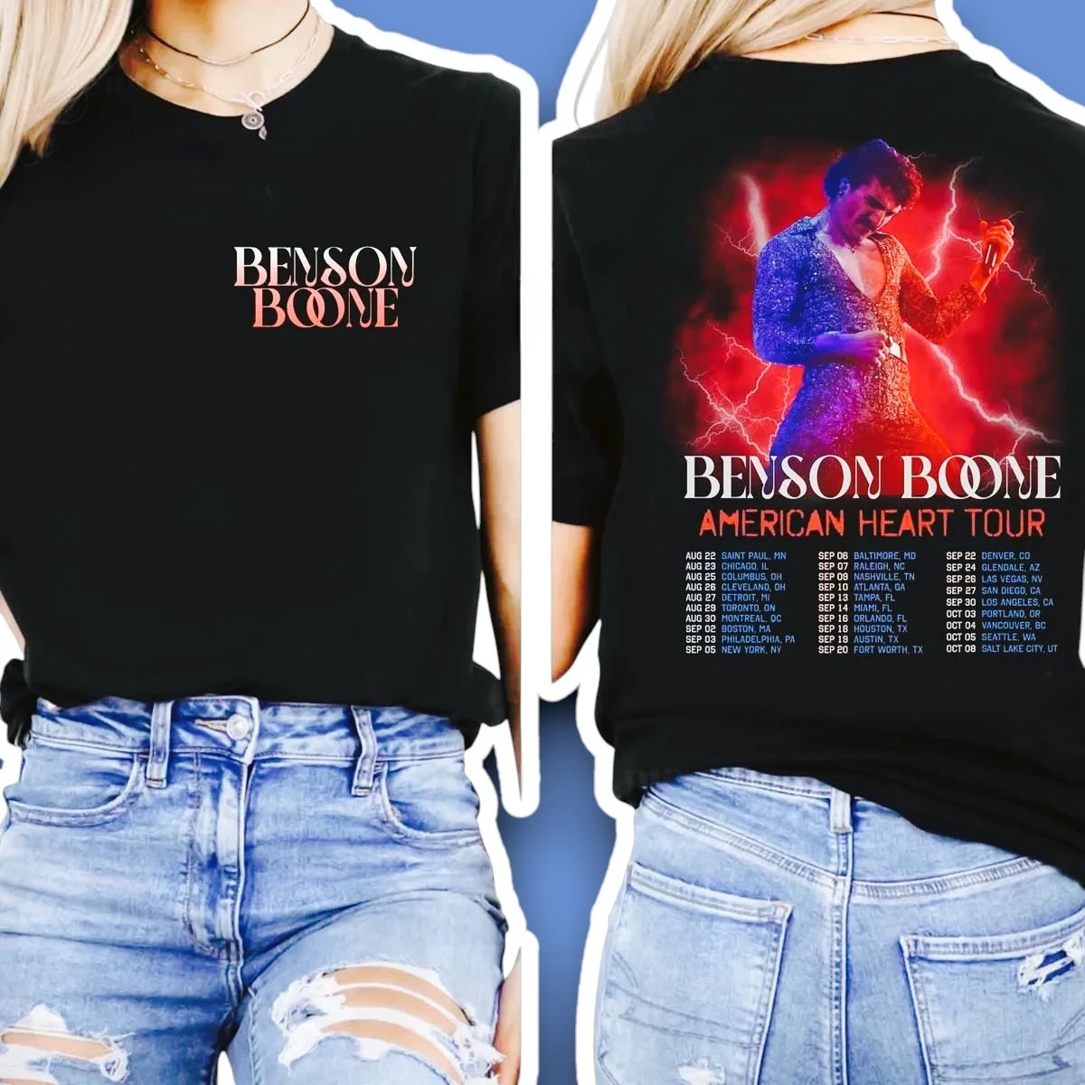 

Cool Benson Boone American Tour T-shirt Dark Patchwork Stage Flip Silhouette Print Loose Street Style Unisex Hip Hop Gothic Top