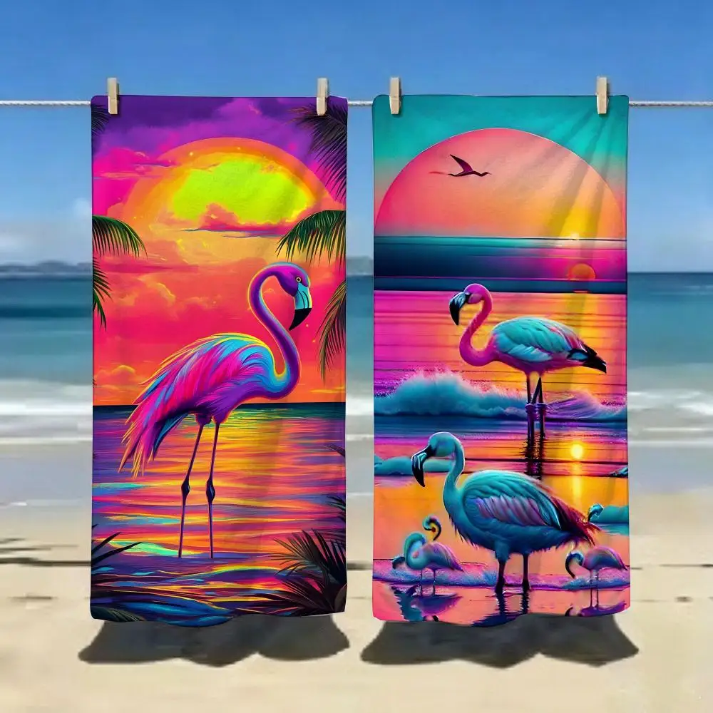 Flamingo Pink Bird Illustration Towel ultra-fine fiber quick drying absorbent bath towel, outdoor swimming sports towel